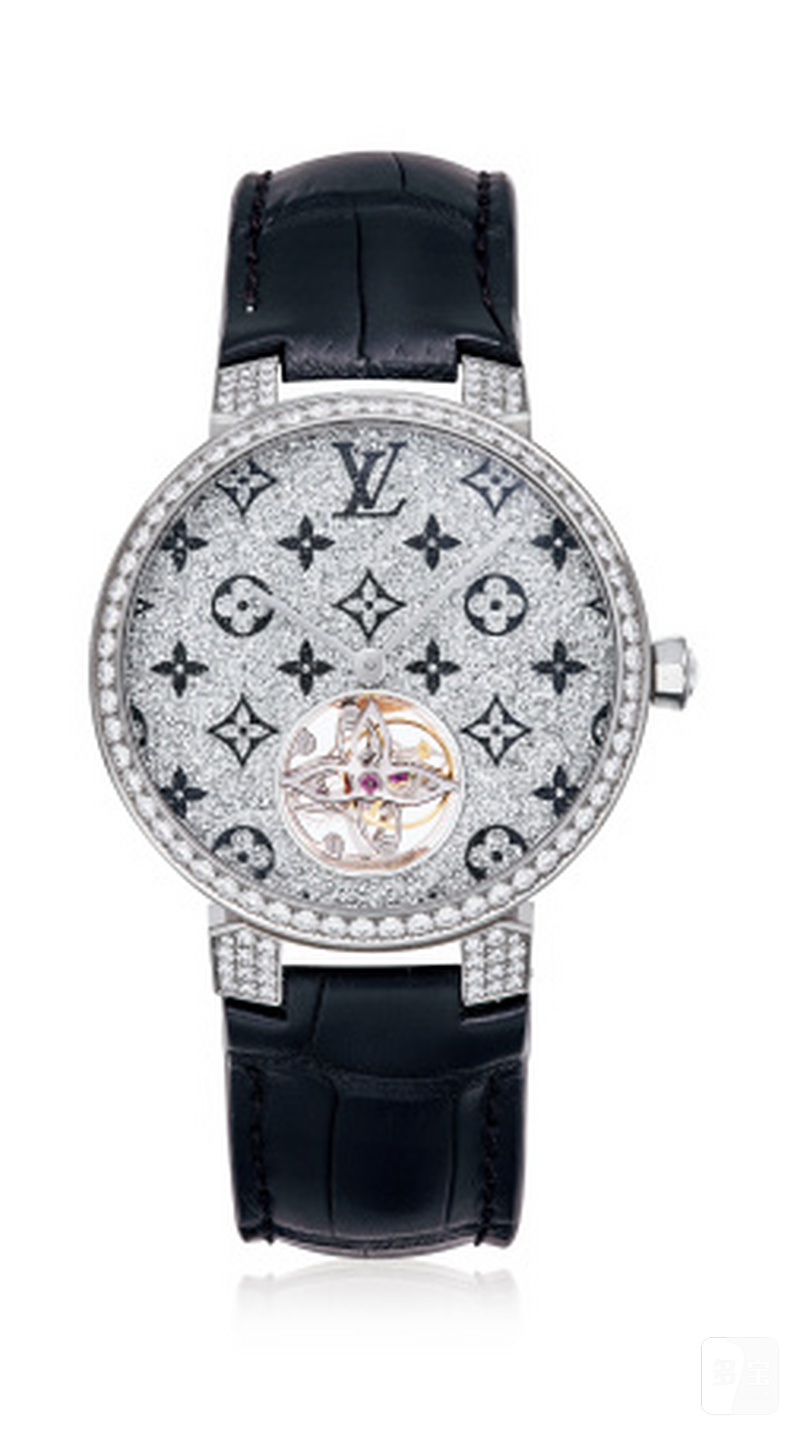 路易威登 Tambour Tourbillon Slim系列 18K白金自动上弦镶钻腕表 陀飞轮装置